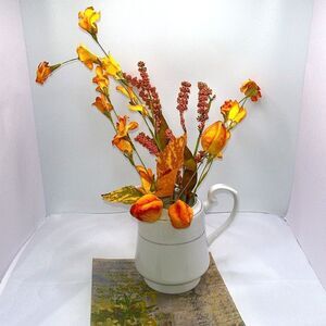 Farmhouse White Creamer Silver Horizontal Stripe Floral Accents Faux Flowers